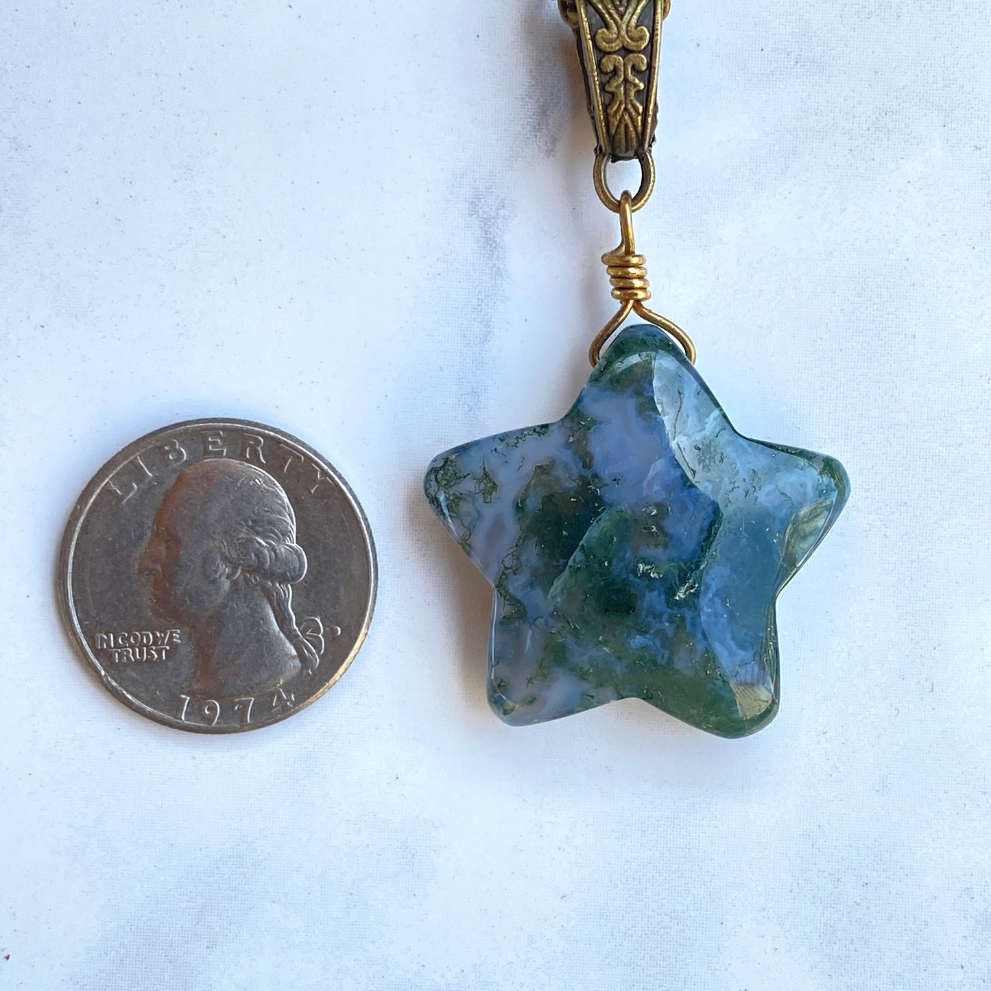 Moss Agate gemstone Star Pendant on Bronze chain