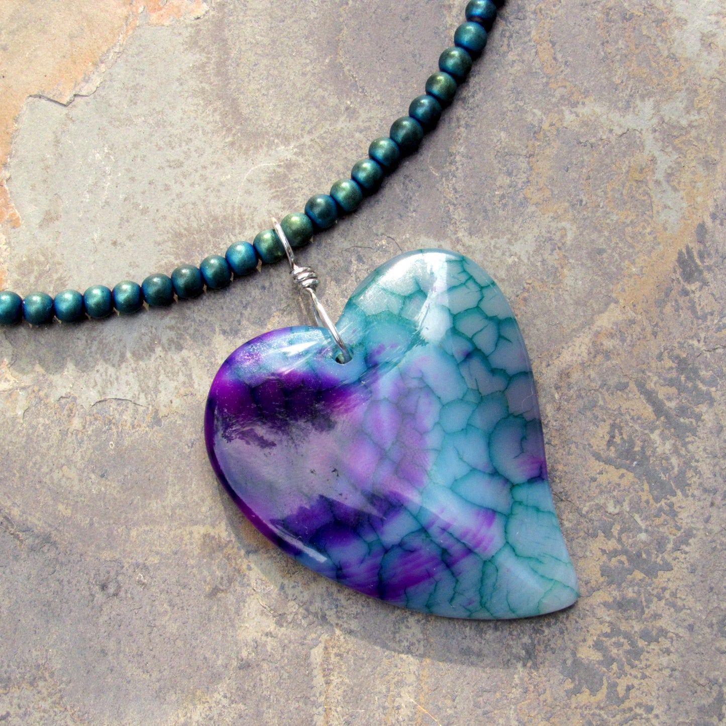 Dragon’s Vein Agate Pendant Heart on Blue Hematite w/ Sterling Silver