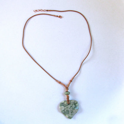 Heart Jade Peace Stone, Amazonite, Copper, Leather Necklace