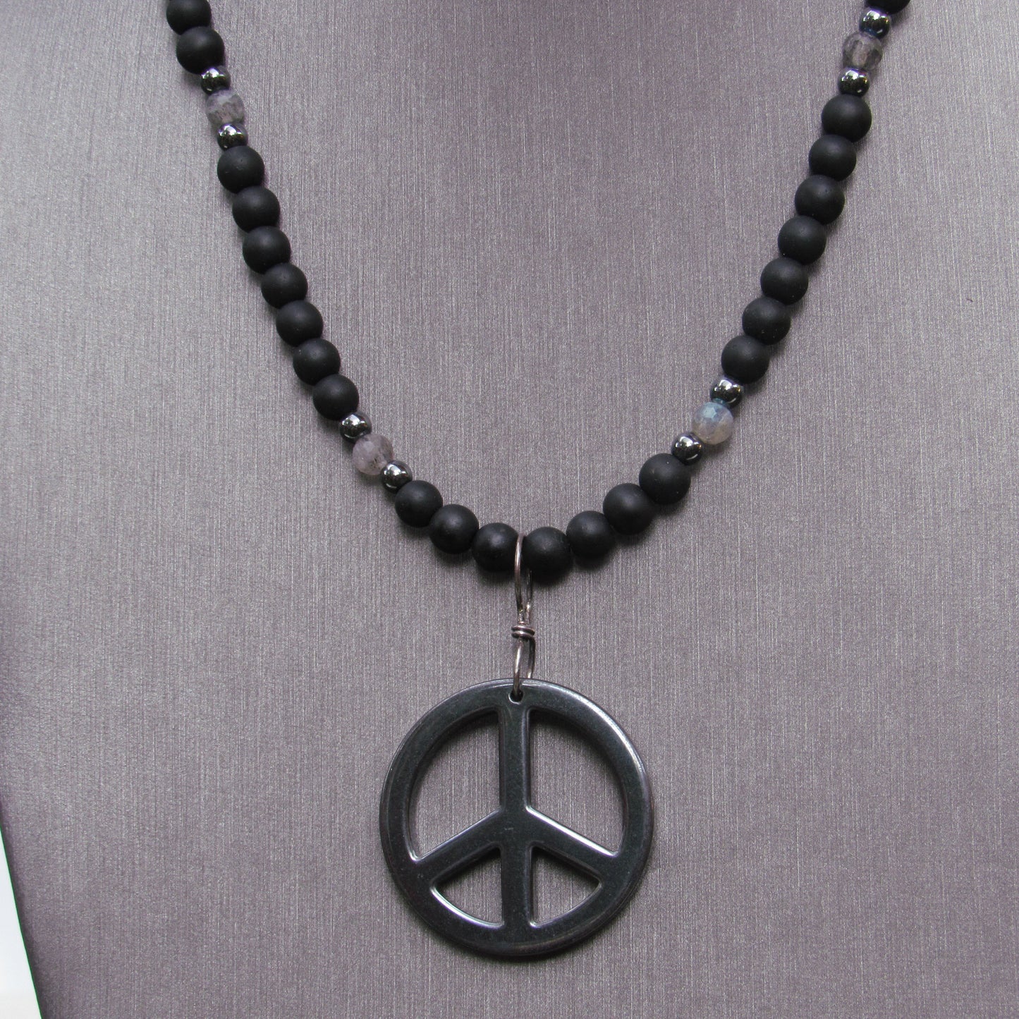Hematite Peace Sign, Labradorite, Matte Onyx and Oxidized Sterling Silver Necklace