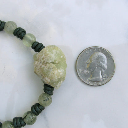 natural Prehnite gemstone on hand knotted leather bracelet
