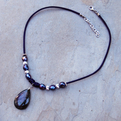 Purple Teardrop Labradorite Pendants, Freshwater Pearls, Sterling Silver Beads and Clasp on Purple Leather