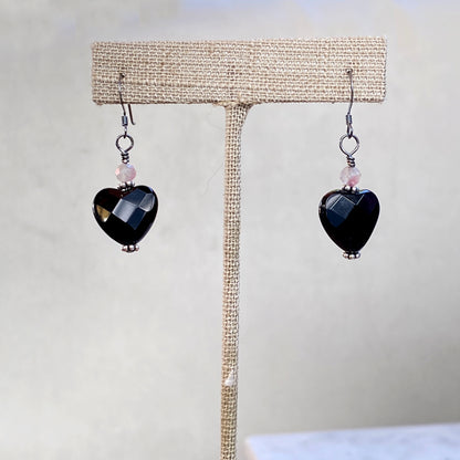 Faceted Onyx Hearts w/ Pink Tourmaline and Oxidized Sterling Silver Drop Earrings