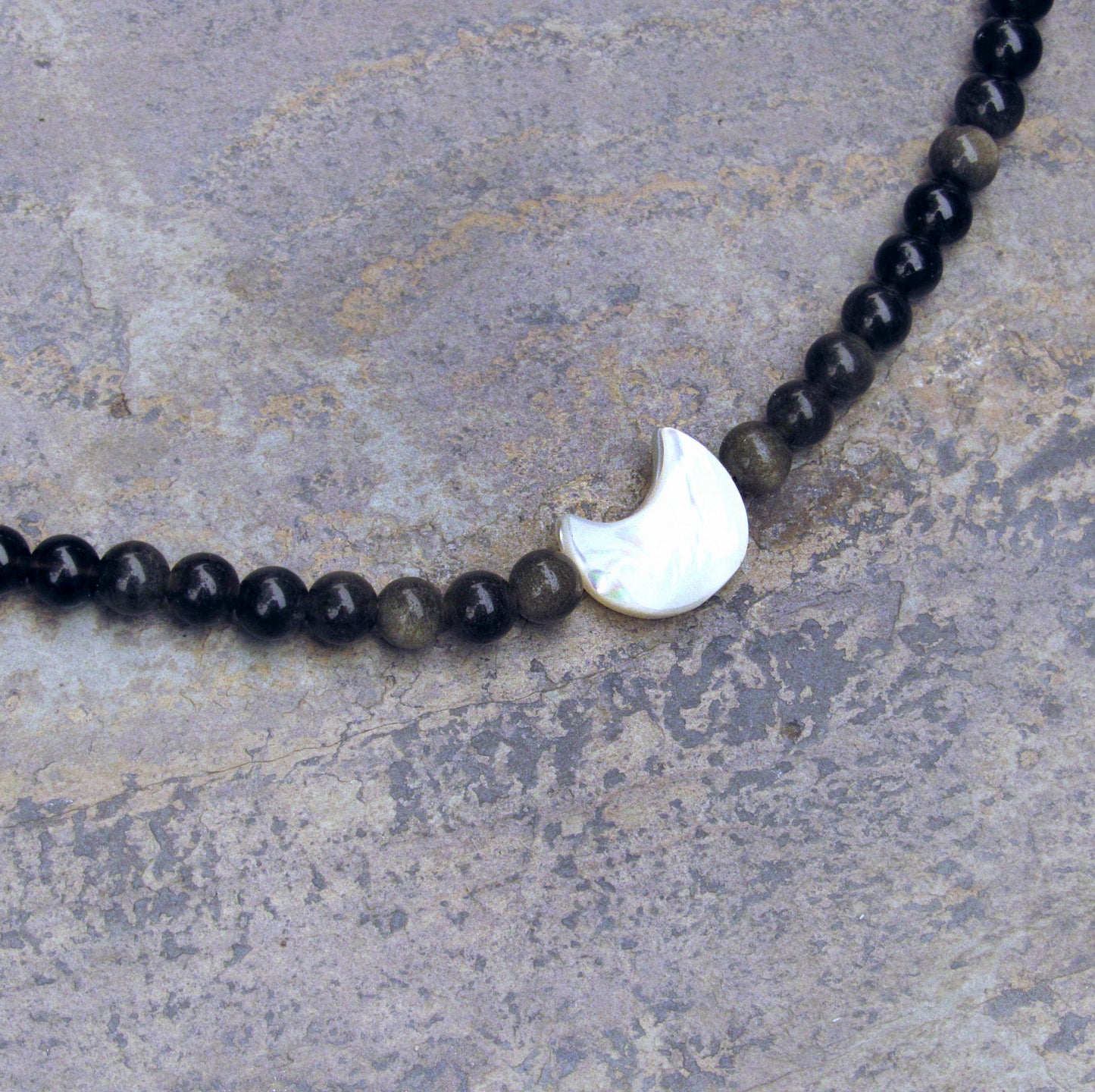 Mother of Pearl moon and Gold Obsidian w/ 14 kt gold fill components
