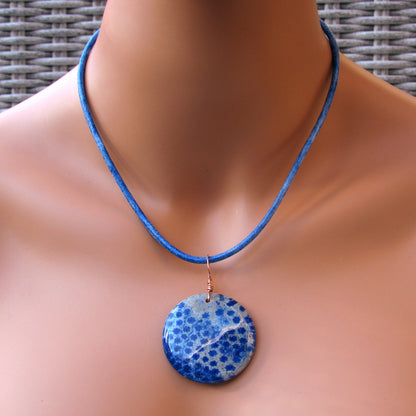 Rose Chrysanthemun Coral Fossil Pendant, Copper, and Leather necklace