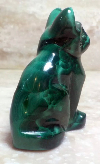 Natural Malachite gemstone carved Kitty Cat