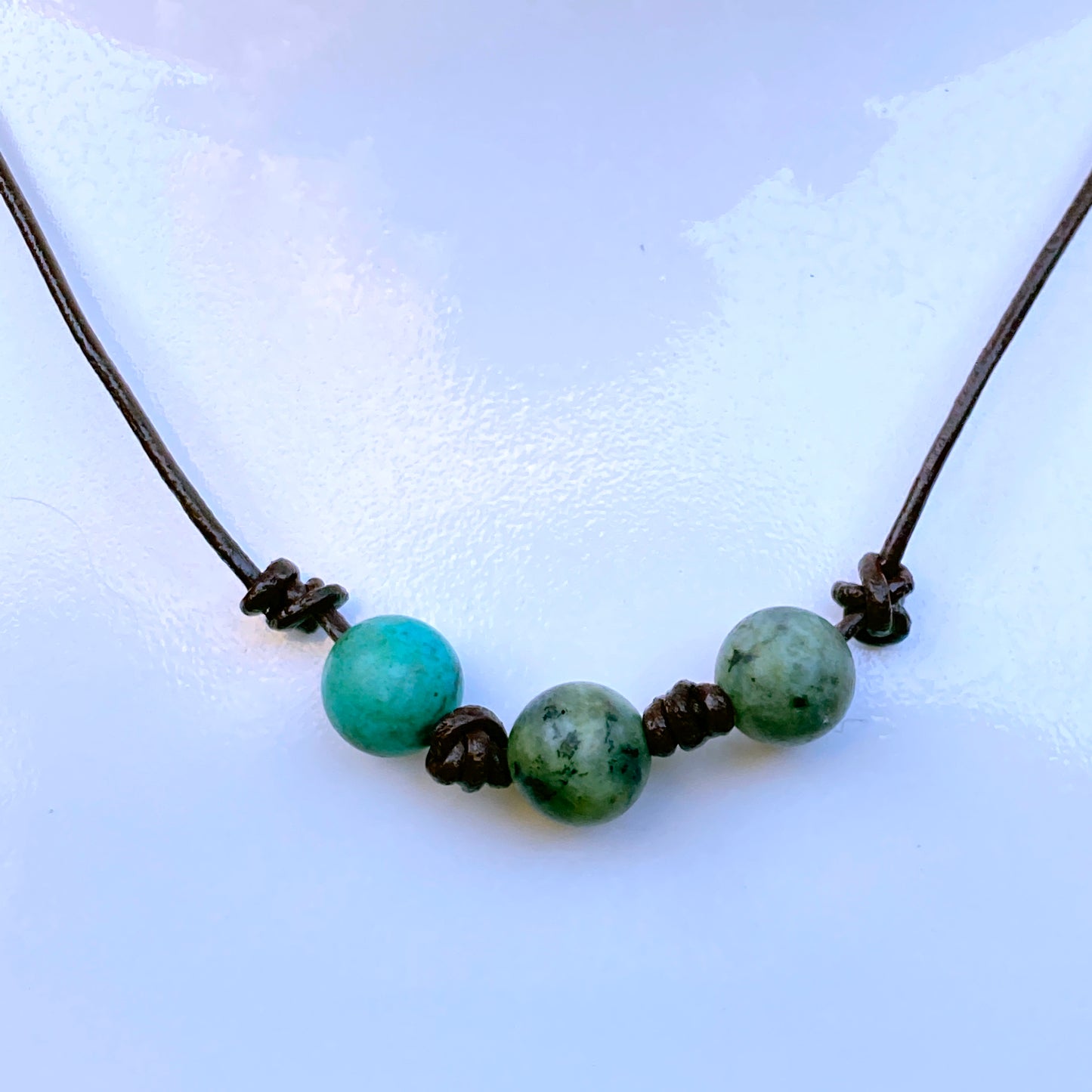 Men’s Leather African Turquoise gemstone Necklace w/ Sterling Silver Clasp
