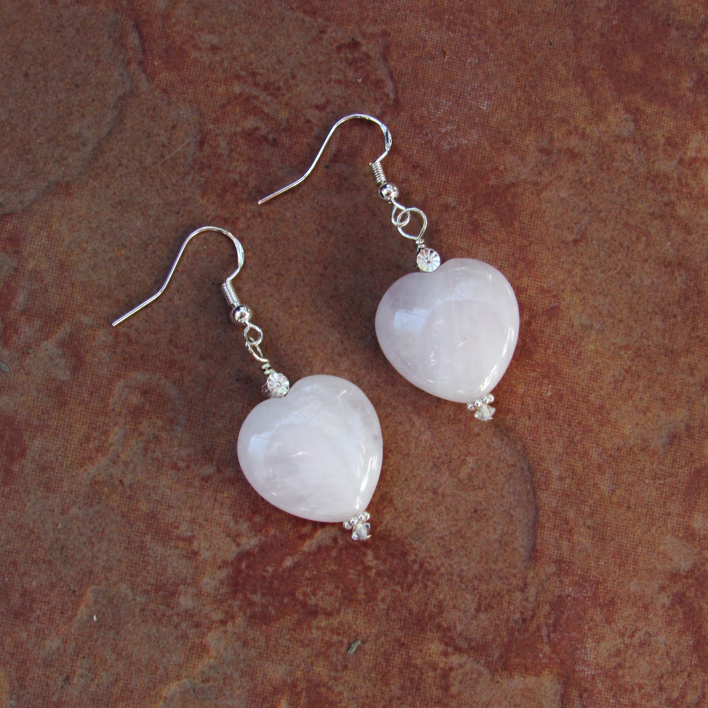 Rose Quartz Gemstone Hearts and Sterling Silver Drop Earrings