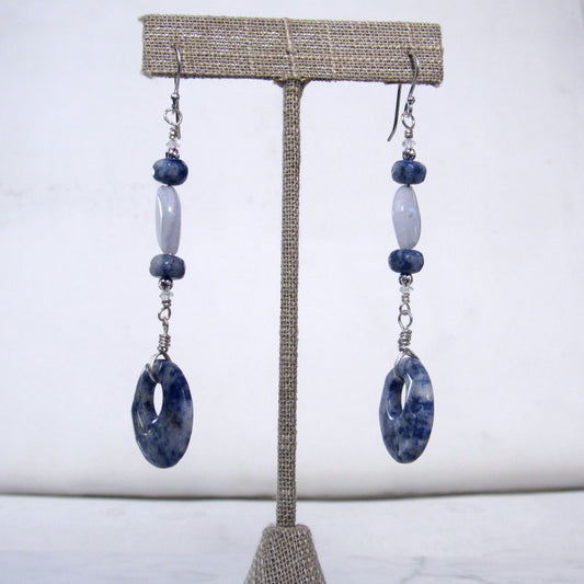 Sodalite gemstone, Blue Lace Agate, White topaz, and Sterling Silver Drop Earrings