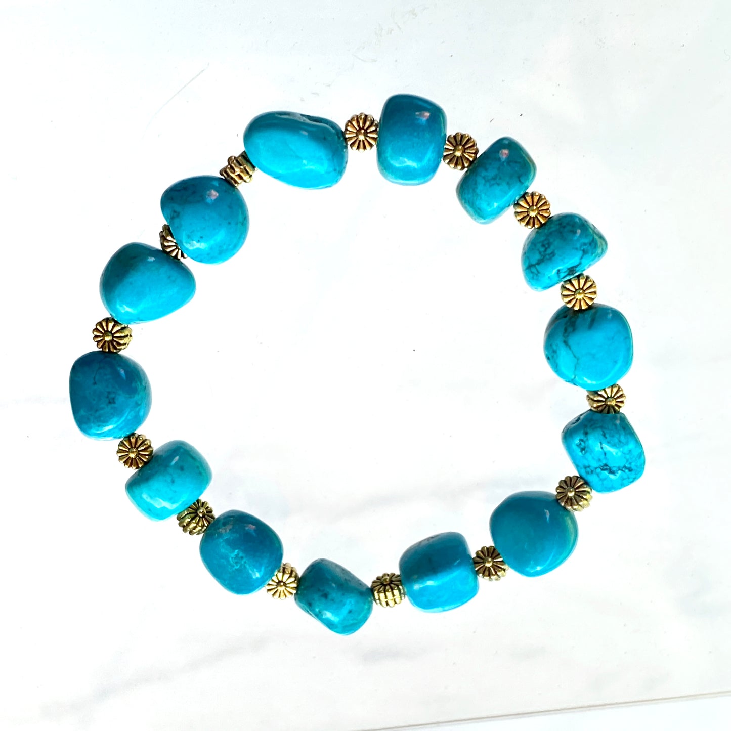 Turquoise gemstone and Brass Flower Beaded Bracelet