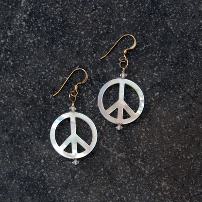 Mother of Pearl Peace Sign w/ White Topaz gemstone Drop Earrings