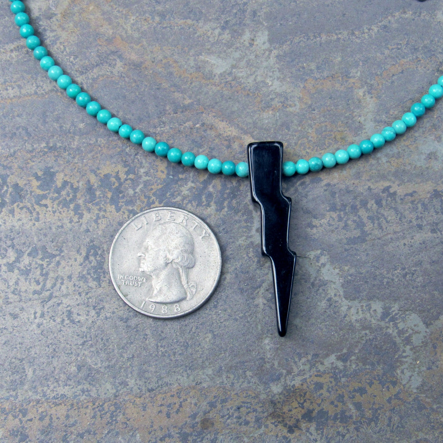 Black Agate Gemstone Lightning Bolt, Genuine Turquoise w/ Oxidized Sterling Silver