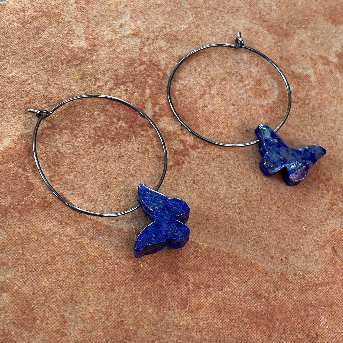 Oxidized Sterling silver hoops with Lapis Lazuli Gemstone butterflies