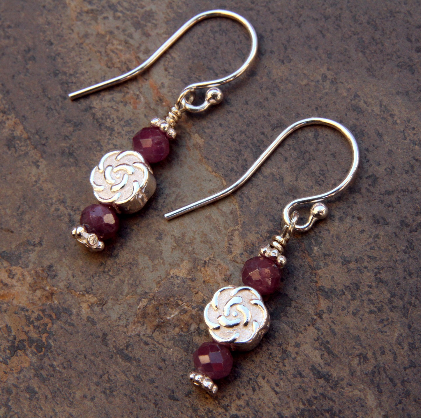 Genuine Ruby gemstones and Sterling Silver flower Earrings