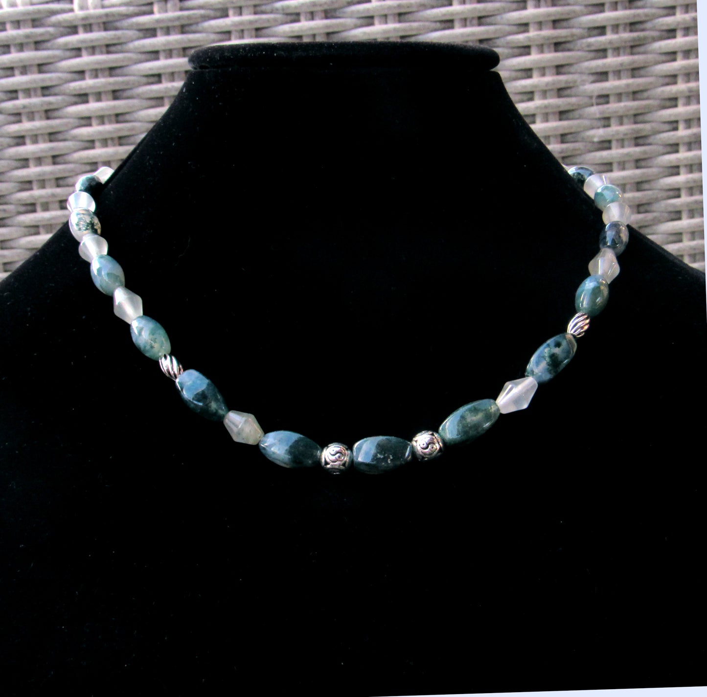 Moss Agate, Green Rutile Quartz gemstones, and Sterling Silver Yin Yang Necklace