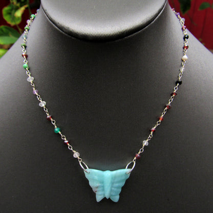 Amazonite gemstone Butterfly on Wrapped Sterling Silver and Mixed gemstones Choker