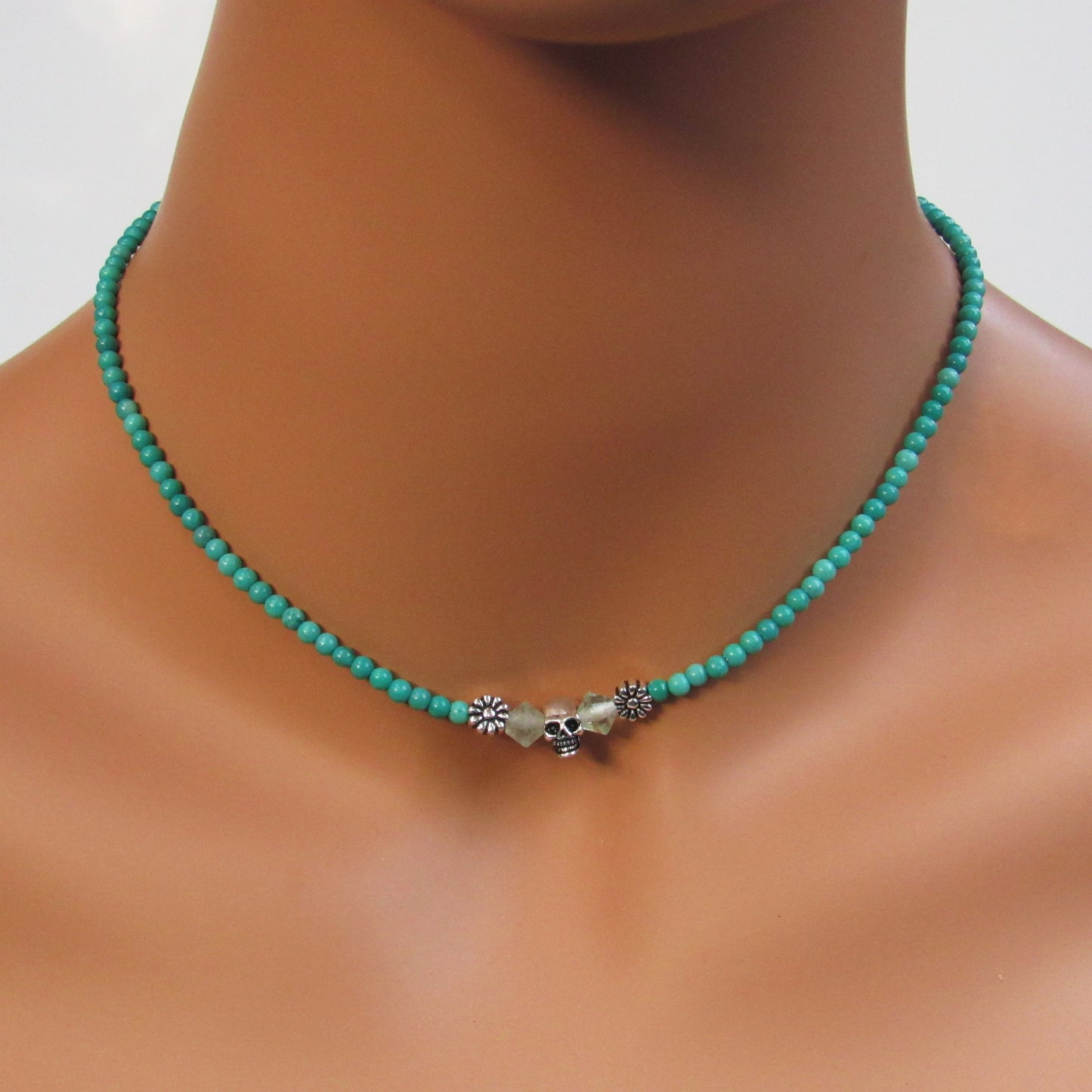 Genuine Turquoise, Apatite, Sterling Silver Skull and Clasp and Chain Choker/Necklace