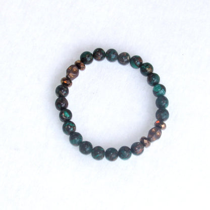 Copper Bronze Malachite gemstone and Hematite Skull Stretch Bracelet