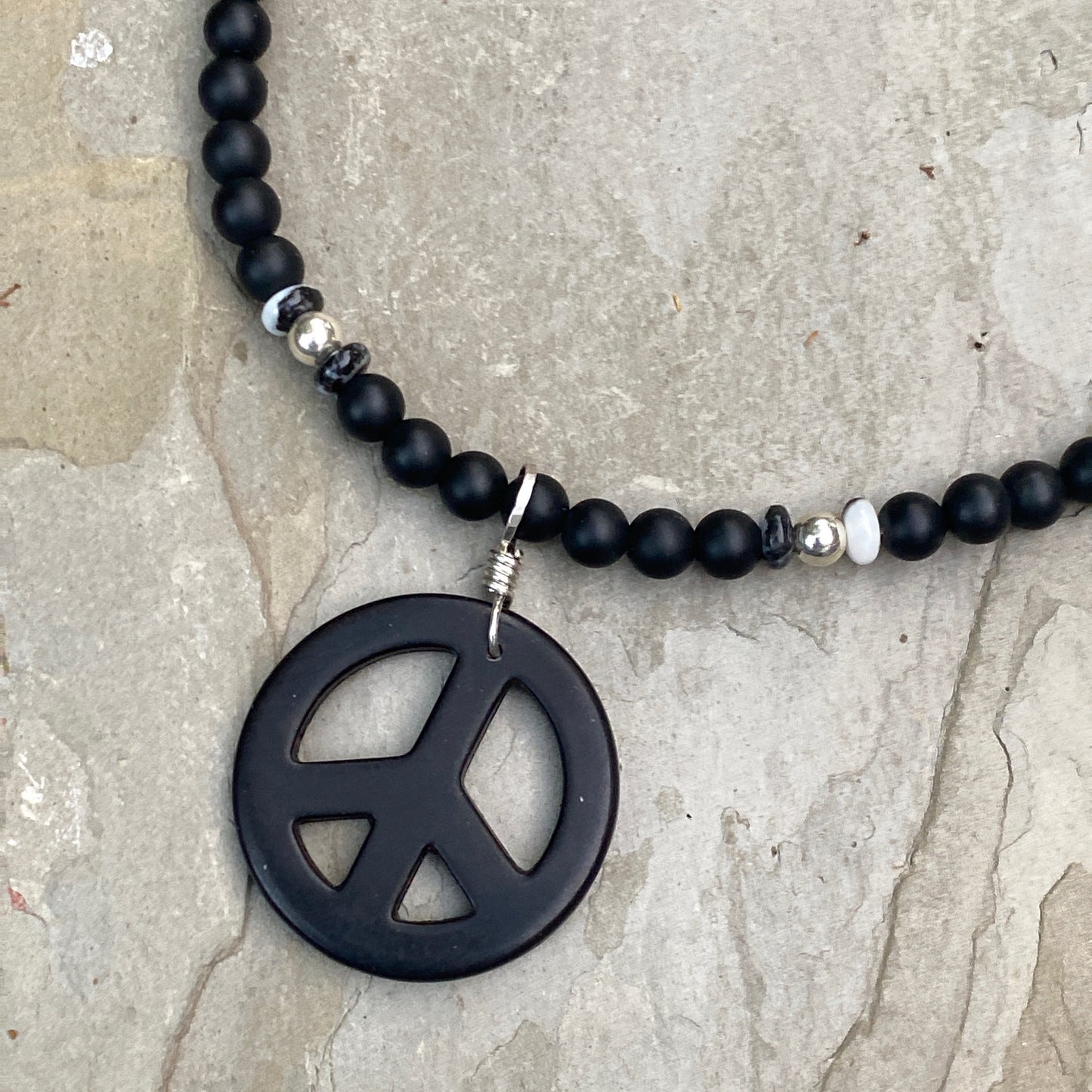 Howlite Peace Sign, Onyx, Sterling Silver, and Zebra Jasper Necklace