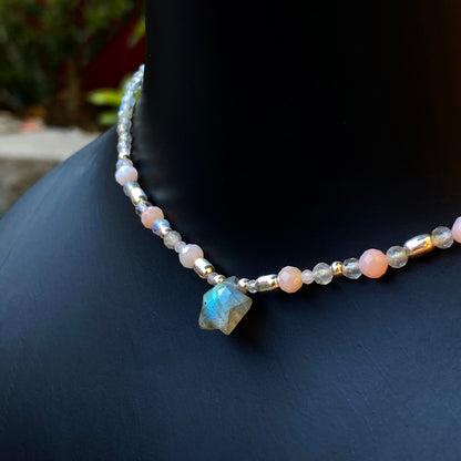 Labradorite Star and Pink Opal Sterling Silver Choker