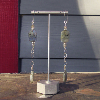 Labradorite Gemstone and Sterling Silver Long Drop earrings