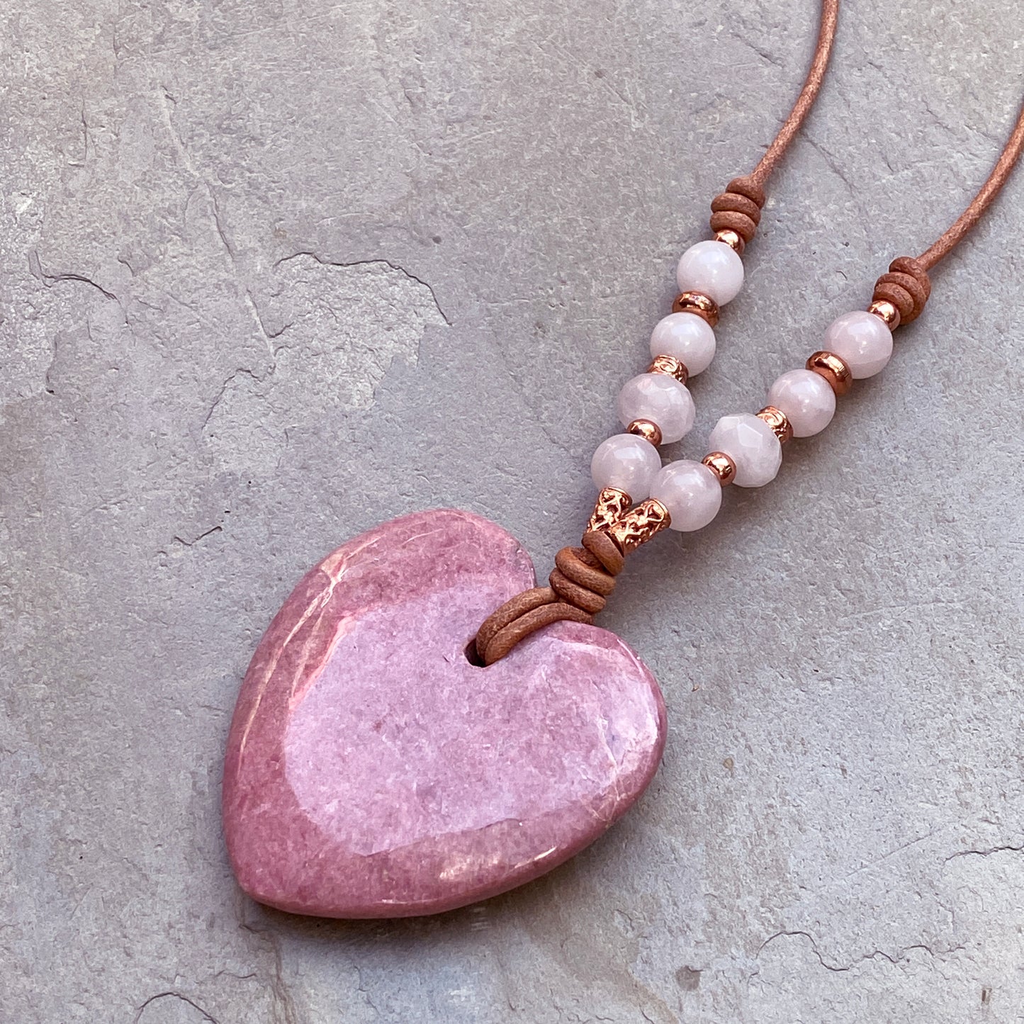 Rhodonite gemstone Heart with Rose Quartz and Copper Leather necklace