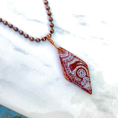 Men’s Dragon’s Vein Agate Rhombus Pendant, Hand Wrapped on Copper Chain