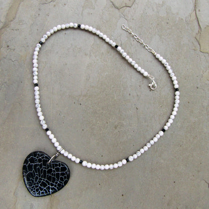 Dragon’s Vein Agate Heart on White Turquoise with Black Spinel and Sterling Silver