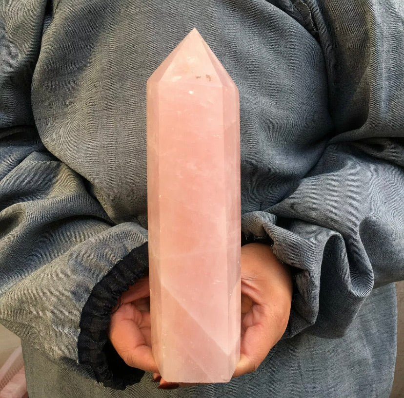 Natural  pink rose quartz gemstone crystal tower point obelisk