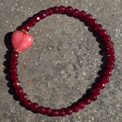 Red Jade bead with Rhodochrosite gemstone Heart, and Copper Bracelet