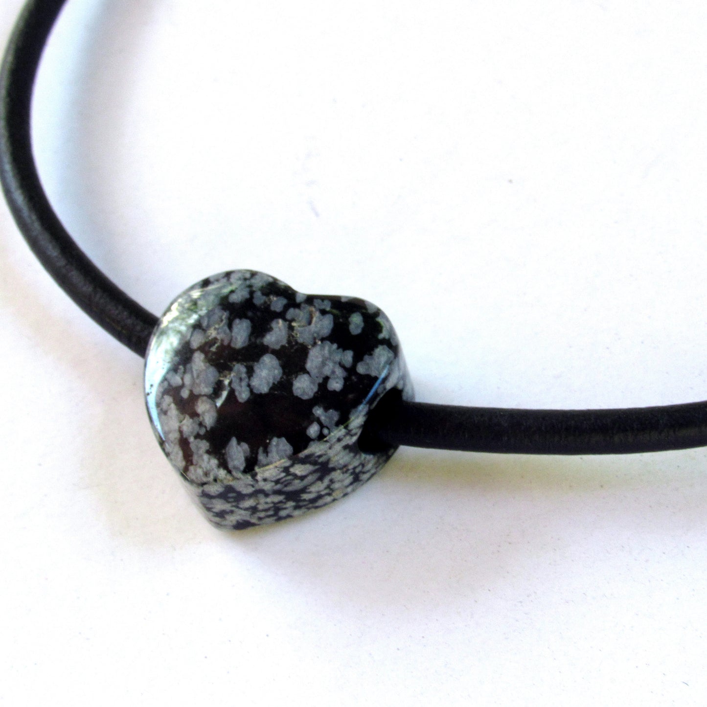 Snowflake Obsidian gemstone heart on Leather with Sterling Silver Clasp