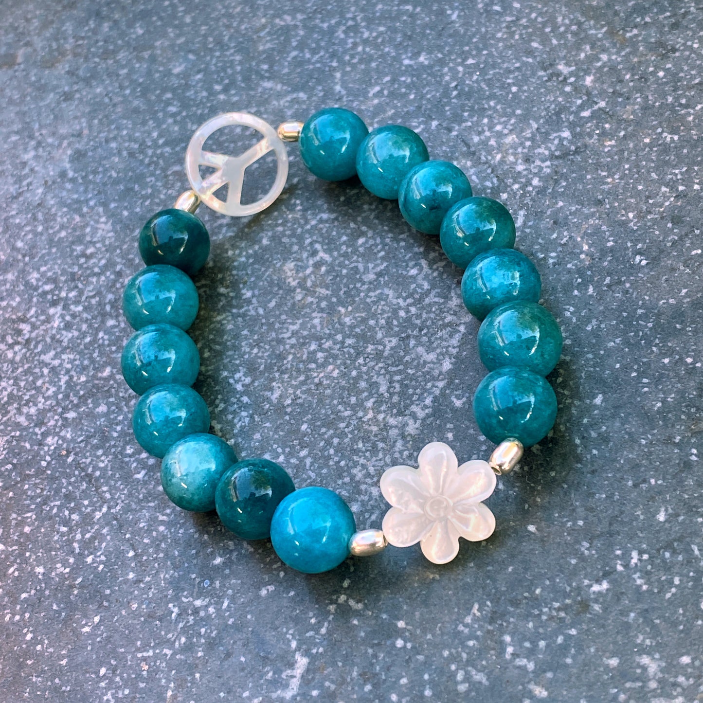 Chunky blue Apatite gemstone, Mother of Pearl, & Sterling Silver Peace Sign Bracelet