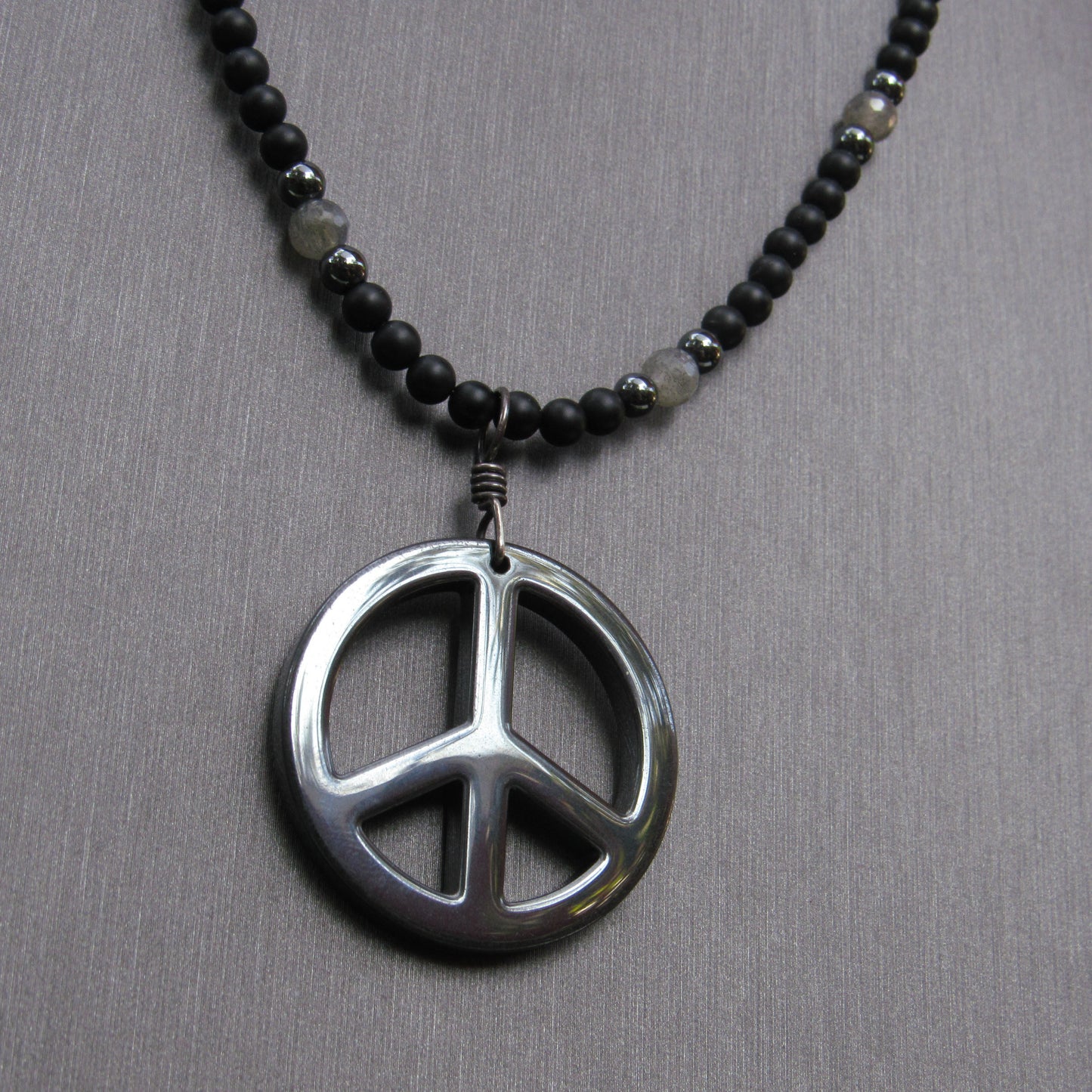 Hematite Peace Sign, Labradorite, Matte Onyx and Oxidized Sterling Silver Necklace