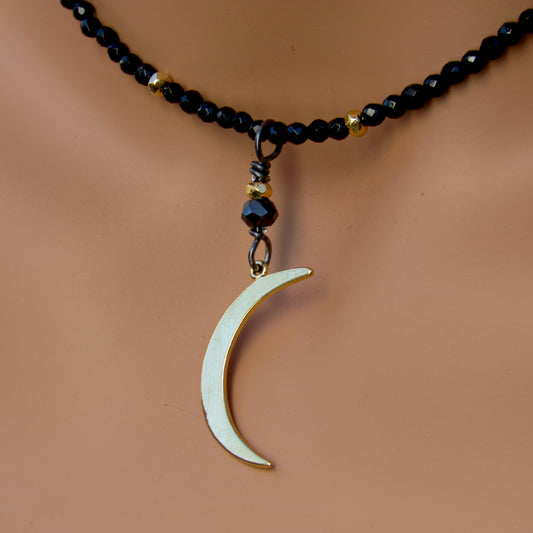 Black onyx, gold vermeil over sterling silver Moon and beads. Black non conflict diamond