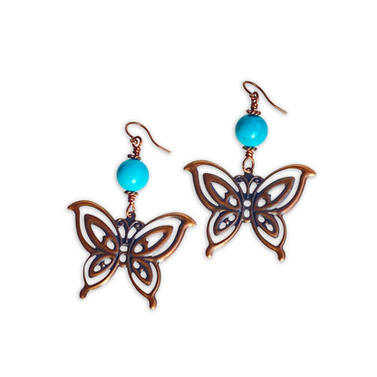 Natural Turquoise gemstone with Copper Butterfly Dangle Earrings