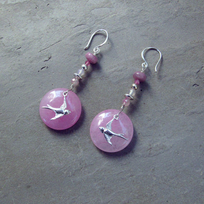 Pink Jade, Pink Tourmaline & Rose Quartz Gemstone Bird Earrings