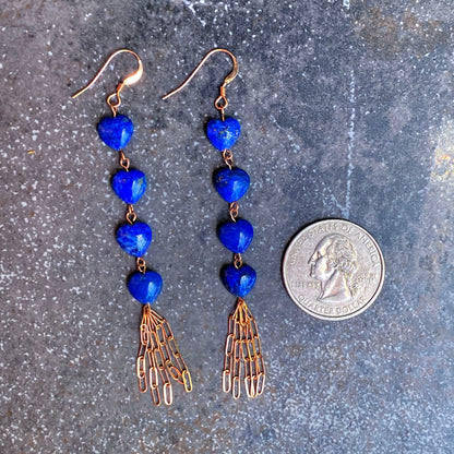Lapis lazuli gemstone hearts and 14 kt rose GF drop earrings