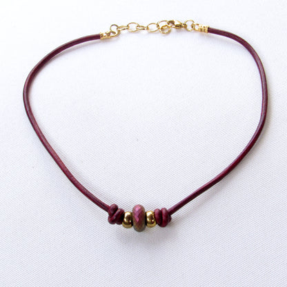 Hematite gemstone with Brass on Red Leather Necklace