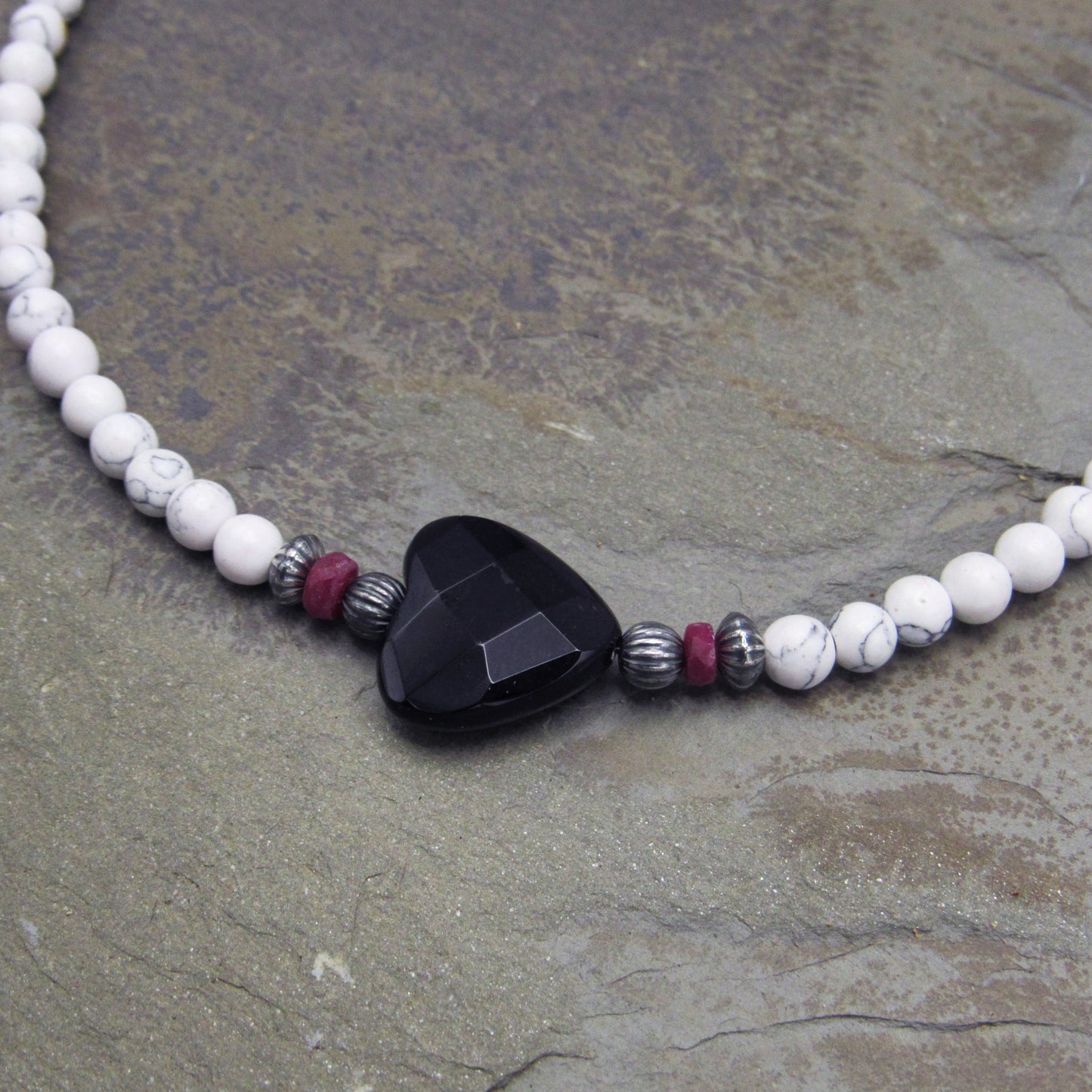 White Turquoise anklet with Onyx Heart, Rubies, and Oxidized Sterling Silver