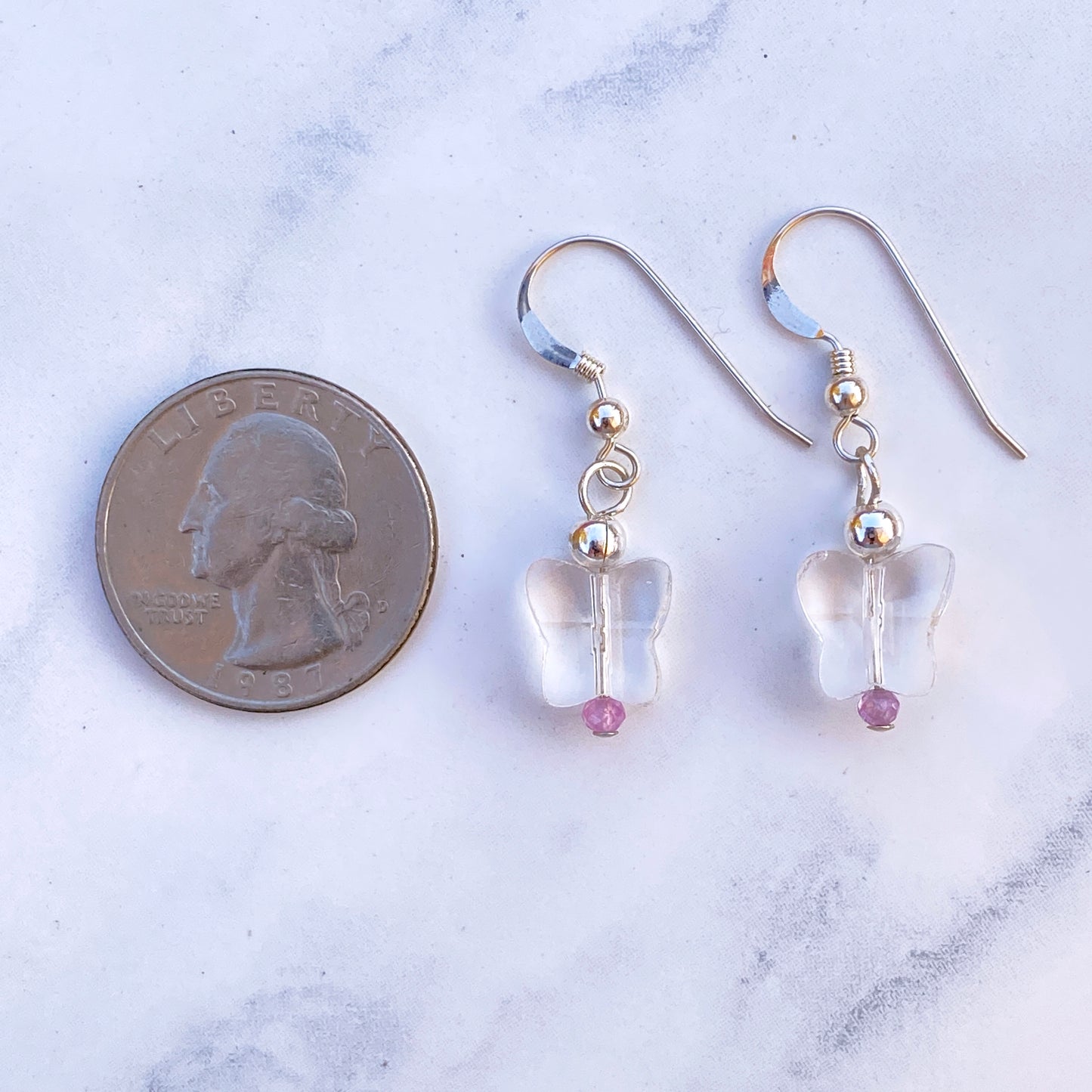 Clear Quartz Butterflies with Pink Sapphires and Sterling Silver Drop Earrings