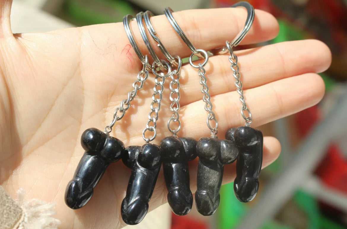 Natural Black Obsidian Penis Keychain/Keyring