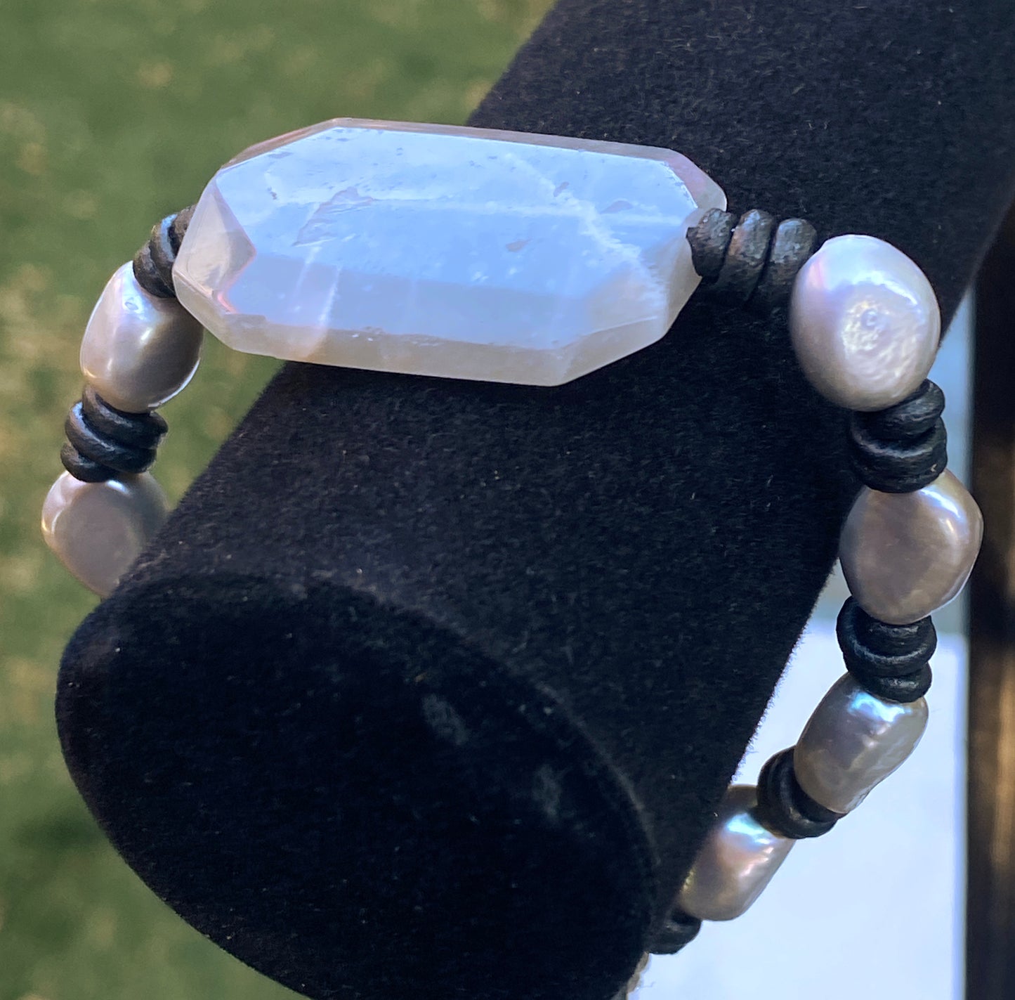 Silver moonstone and genuine freshwater Pearl hand knotted leather bracelet