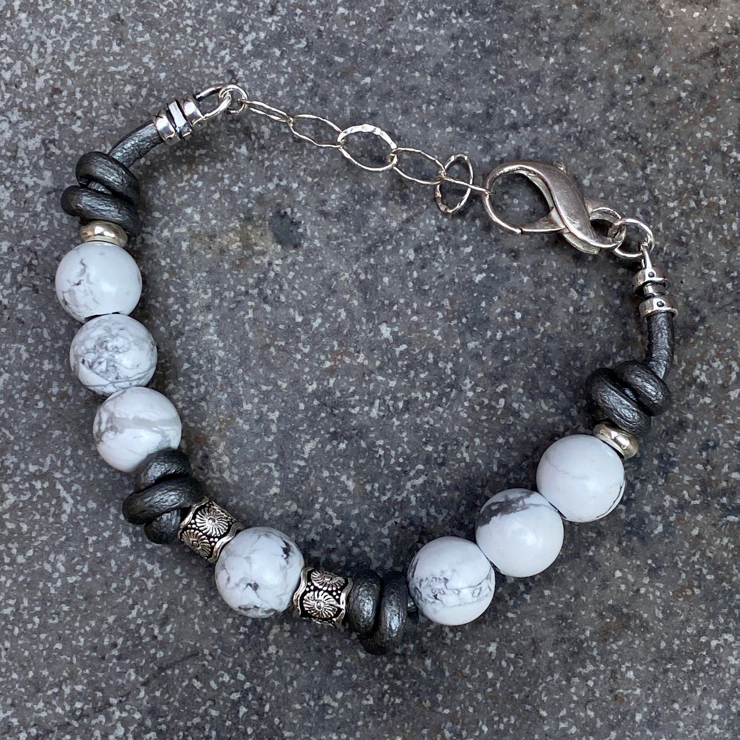 Women’s Howlite gemstone and Sterling Silver Bracelet on Leather