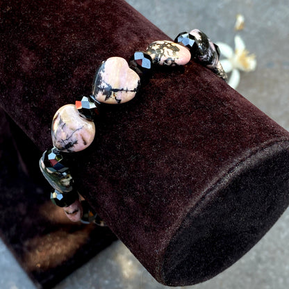 Rhodonite Gemstone Hearts and black Spinel Bracelet