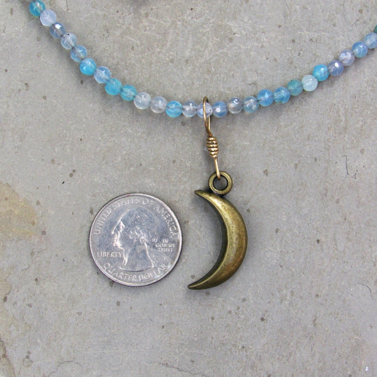 Brass Moon on blue agate gemstone beaded choker and necklace