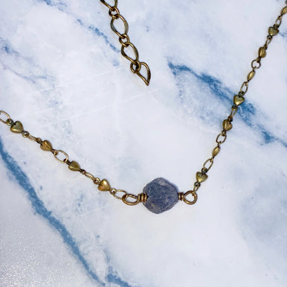 Raw Blue Sapphire gemstone on Brass Heart Chain Necklace