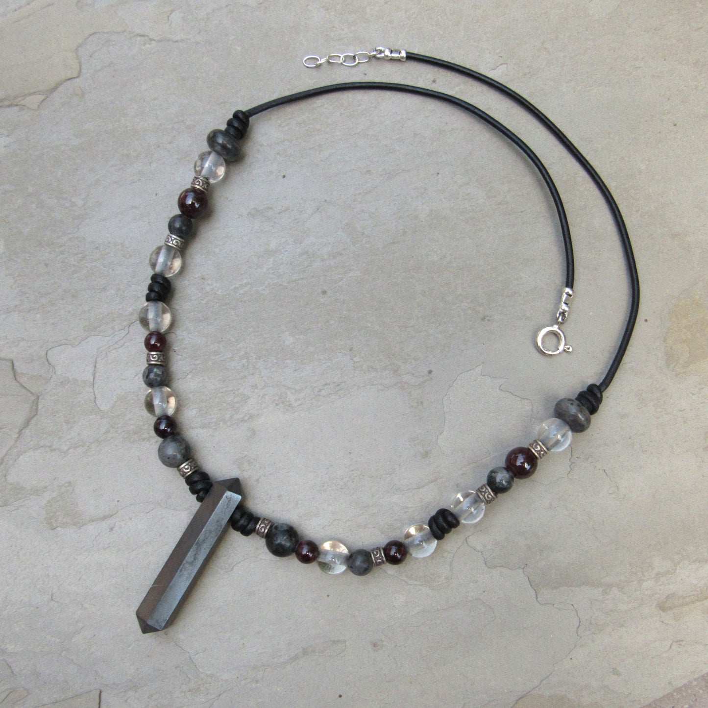 Pyrite, Garnet, Clear Quartz, Black Labradorite gemstones with Sterling Silver on Leather