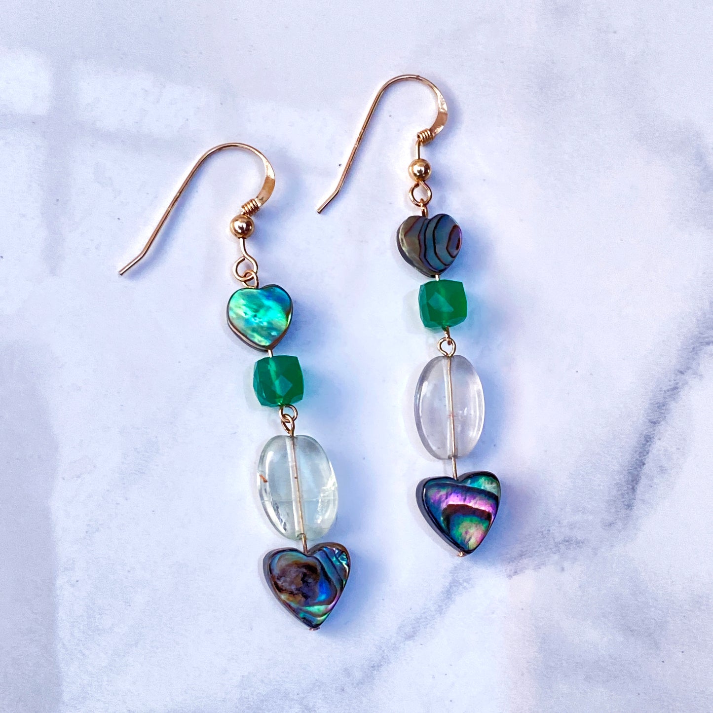 Abalone shell Heart, Green Onyx gemstone, and Green Amethyst drop earrings