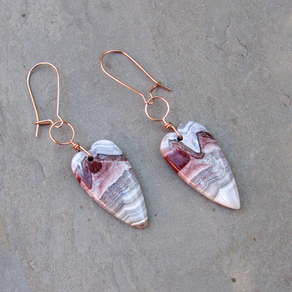 Mexican Crazy Lace Gemstone Heart Drop Earrings on Hand Wrapped 14 Kt GF