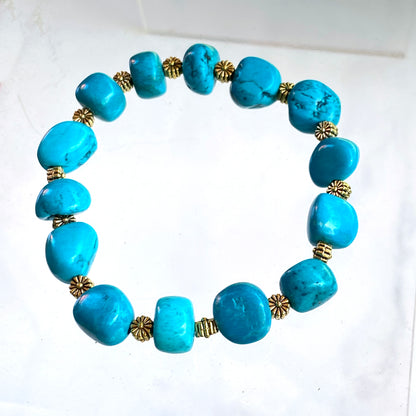 Turquoise gemstone and Brass Flower Beaded Bracelet